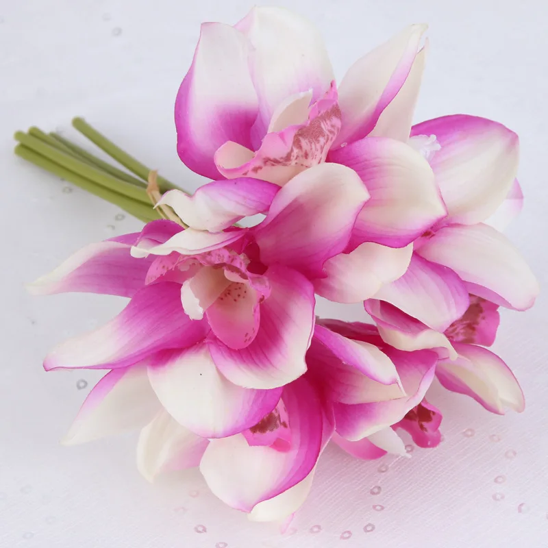 Violet Настоящее прикосновение cymbidium 6 головок короткая съемка украшение стола цветок DIY Свадебные невесты ручной цветы домашний декор искусственная Орхидея - Цвет: Violet