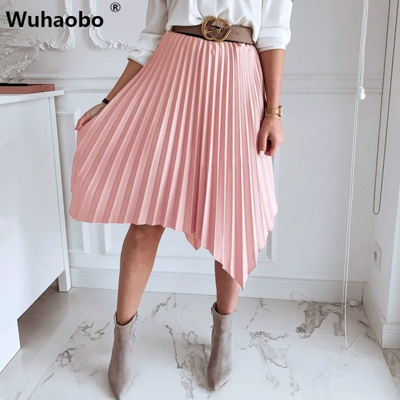 Wuhaobo Женская модная плиссированная юбка эластичная талия сплошной цвет миди юбка неправильный дизайн Офисная Женская юбка