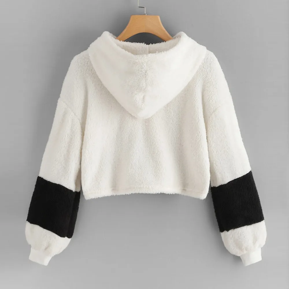 Womens Long Sleeve Faux Fur Embellished Hooded Sweatshirt Pullover Tops Blouse korean style women Sudadera mujer #3 | Женская одежда