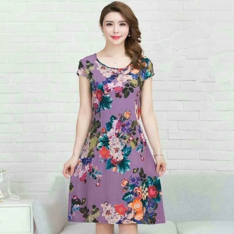 28 XL-5XL размера плюс женские летние платья с круглым вырезом и коротким рукавом, хлопковый сарафан, винтажное повседневное Свободное длинное платье с принтом - Цвет: 28