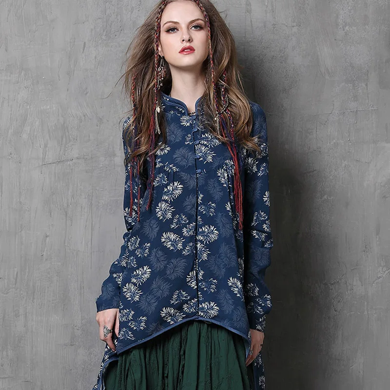 Blusa Feminina 2015 Yuzi осень новый урожай хлопка блузка с длинными рукавами мандарин