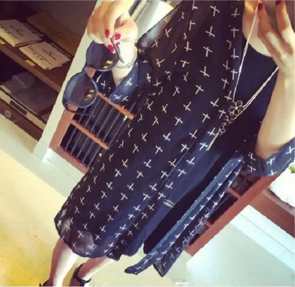 Printed Chiffon Long Paragraph Cardigan Sweater Cross-Conditioned Beach Sun Protection Clothing Free Shipping |