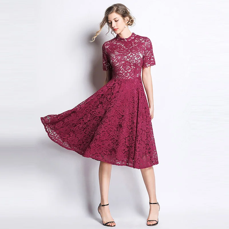 Willstage Красные кружевные платья для женщин короткий рукав цветочный рисунок