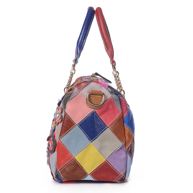 

BENVICHED 2021 Women's Colourful Flowers Patch Shoulder Bag Fashion Genuine Cow Leather Tote Handbag Plaid Messenger Bag B027