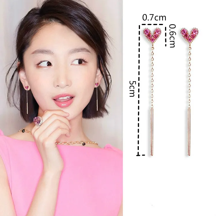 

100% 925 Sterling Silver Red Cubic Zirconia Heart Long Tassel Drop Earrings For Women Flyleaf Lady Fashion Jewelry Earrings