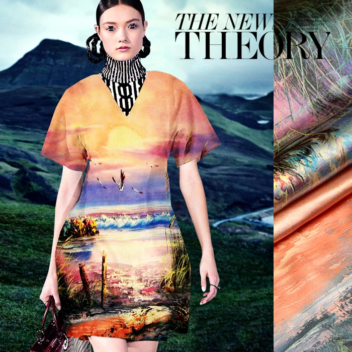 

114*110cm 19mm 93% silk & 7% spandex sun arising paiting print silk satin fabric for dress shirt clothes