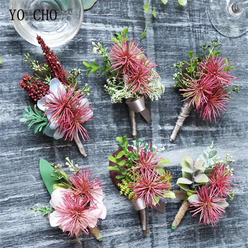 

YO CHO Bridesmaid Wrist Corsage Wedding Flower Brooch Bridegroom Corsage Boutonniere Fake Succulent Bridal Bracelet Silk Flower