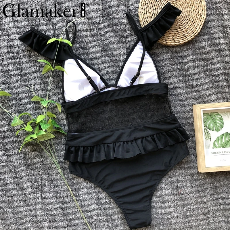 Glamaker с открытыми плечами, сетчатый Цельный боди с высокой талией, белое бикини, сексуальный купальник с оборками, женский купальный костюм с пуш-ап, монокини