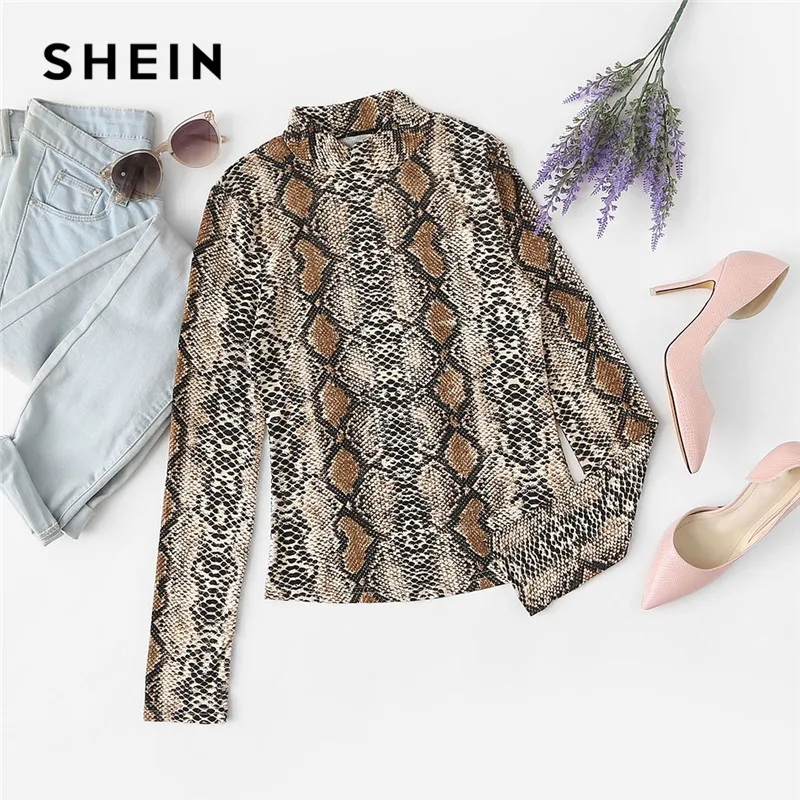 SHEIN модная разноцветная футболка с воротником-стойкой и длинным рукавом, осенняя Повседневная Женская футболка для офиса
