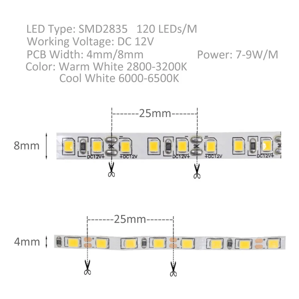 Светодиодная лента 5 м 12 В постоянного тока SMD 2835 4 мм 8 120 светодиодов/м | Лампы и