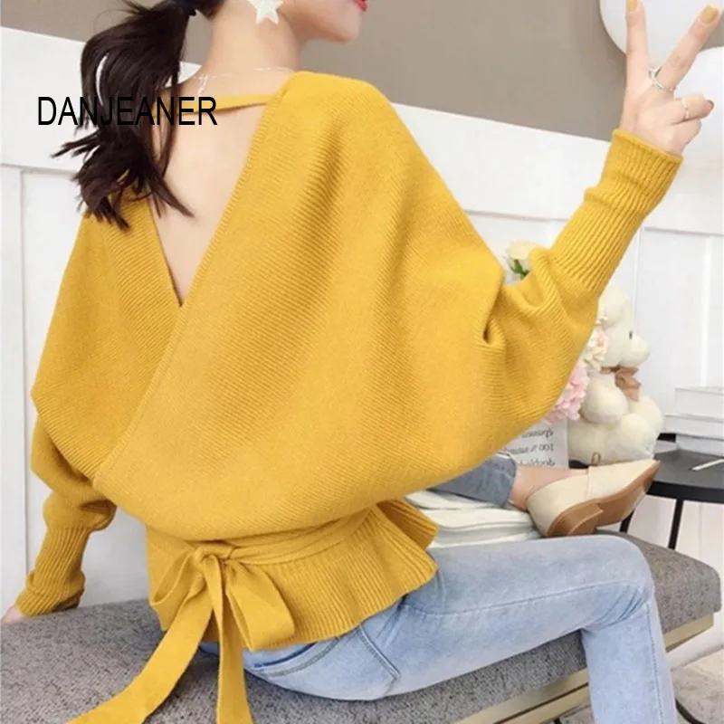 

DANJEANER Autumn Winter Criss-cross Deep V Neck Women Knitted Pullover Vintage Batwing Sleeve Ruffles Lace Up Sweaters Jumpers