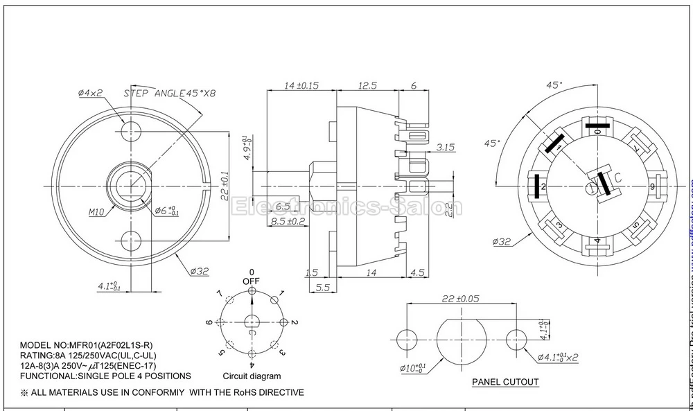 (50 шт./лот) SP8T 8A/250V 1 полюс 8 способ поворотный переключатель с ручкой. | Электронные