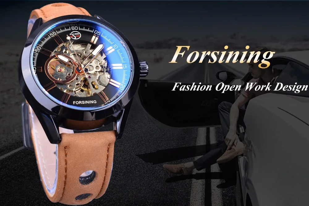 Часы Forsining+ Набор браслетов, повседневные, спортивные, из натуральной кожи, армейские, военные, автоматические, мужские наручные часы, часы с скелетом
