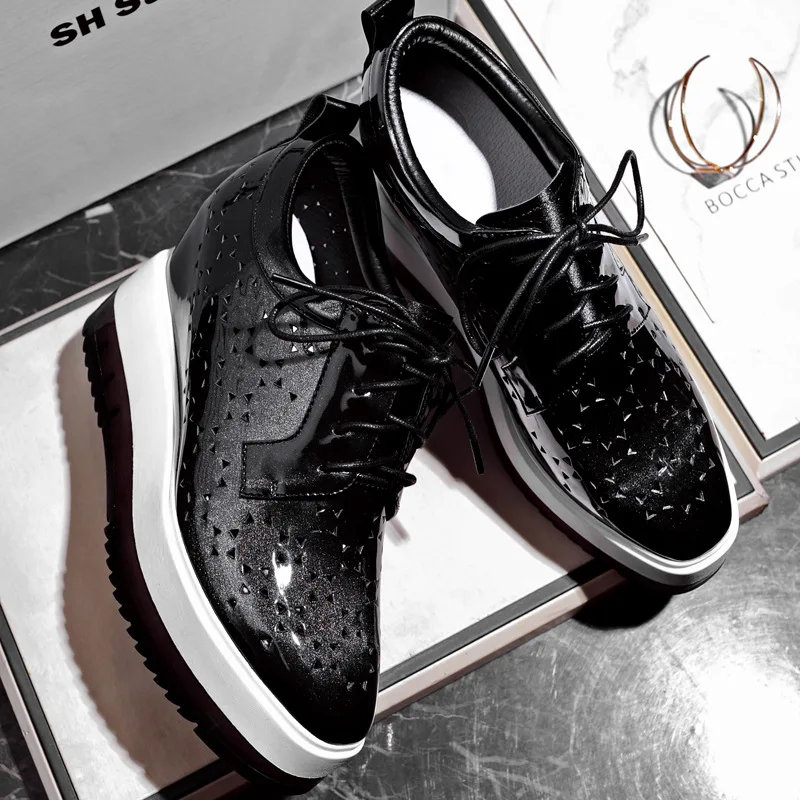 Hidden Heel Platform Shoes Women Square Toe Lace-Up Green Black Patent Leather Thick Soled Woman 2017 Spring New All Match | Обувь