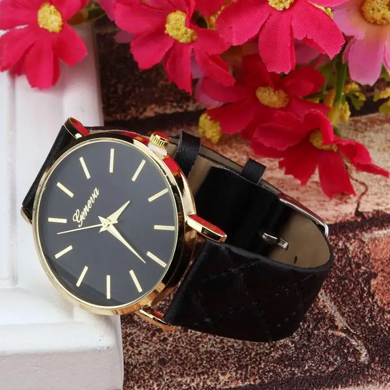 Trendy Geneva Women's Quartz Watches Casual Plaid Belts Black PU leather Strap Wristwatch Simple Wat