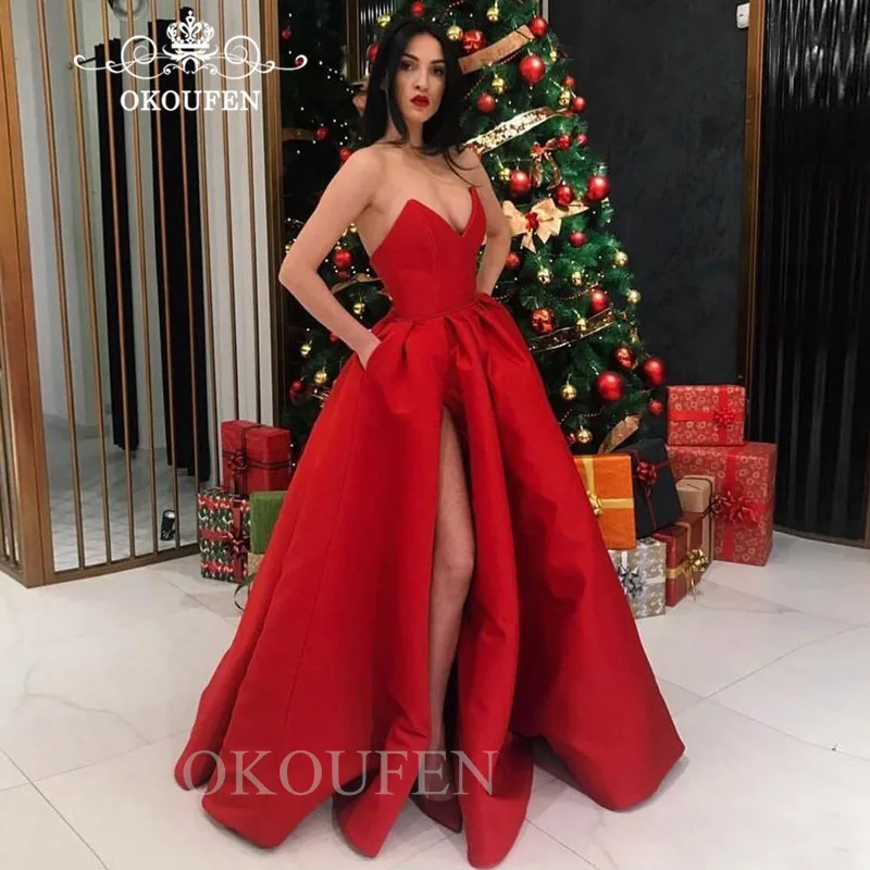 Высококачественные длинные красные платья для выпускного женщин с разрезом по