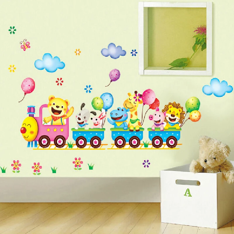 Милый настенный стикер с поездом в виде обезьяны жирафа из мультфильма, виниловая Съемная Наклейка на стену, художественное украшение для дома, детской комнаты