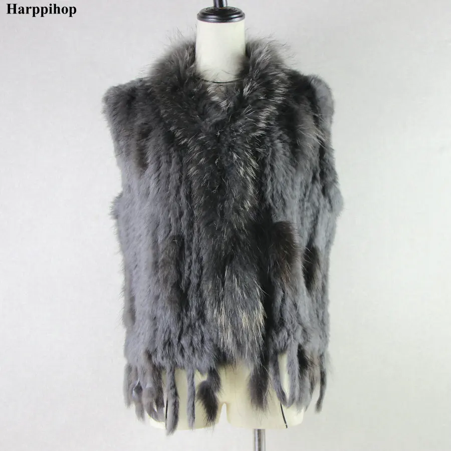 Spring Autum Women's  Natural Real Rabbit Fur Vest With Raccoon fur Collar Knit waistcoat/jackets rex rabbit Short Vest Big Size