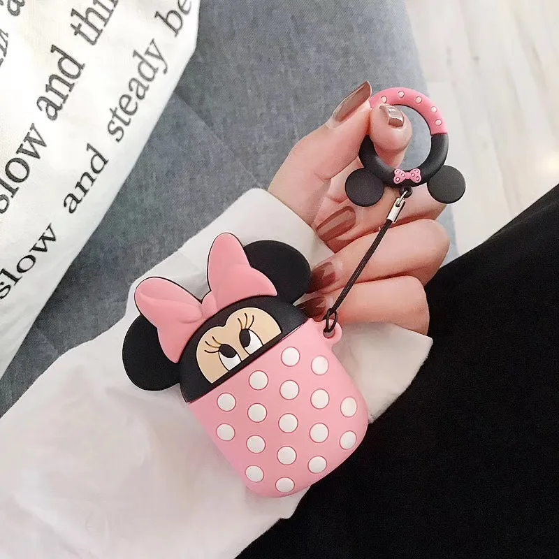 3D Cute Cartoon Silicone Stitch Mickey Minnie Bluetooth Earphone Case for Airpods 2 Accessories Protective Cover Anti-lost Strap - Color: Minnie