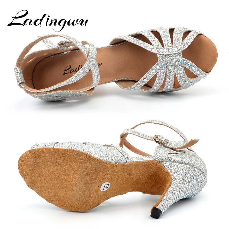 Ldaingwu New Golden/Silver Shoes For Ballroom Dancing Woman Flash Cloth Collocation Shine Rhinestone Latin Dance Shoes Women's