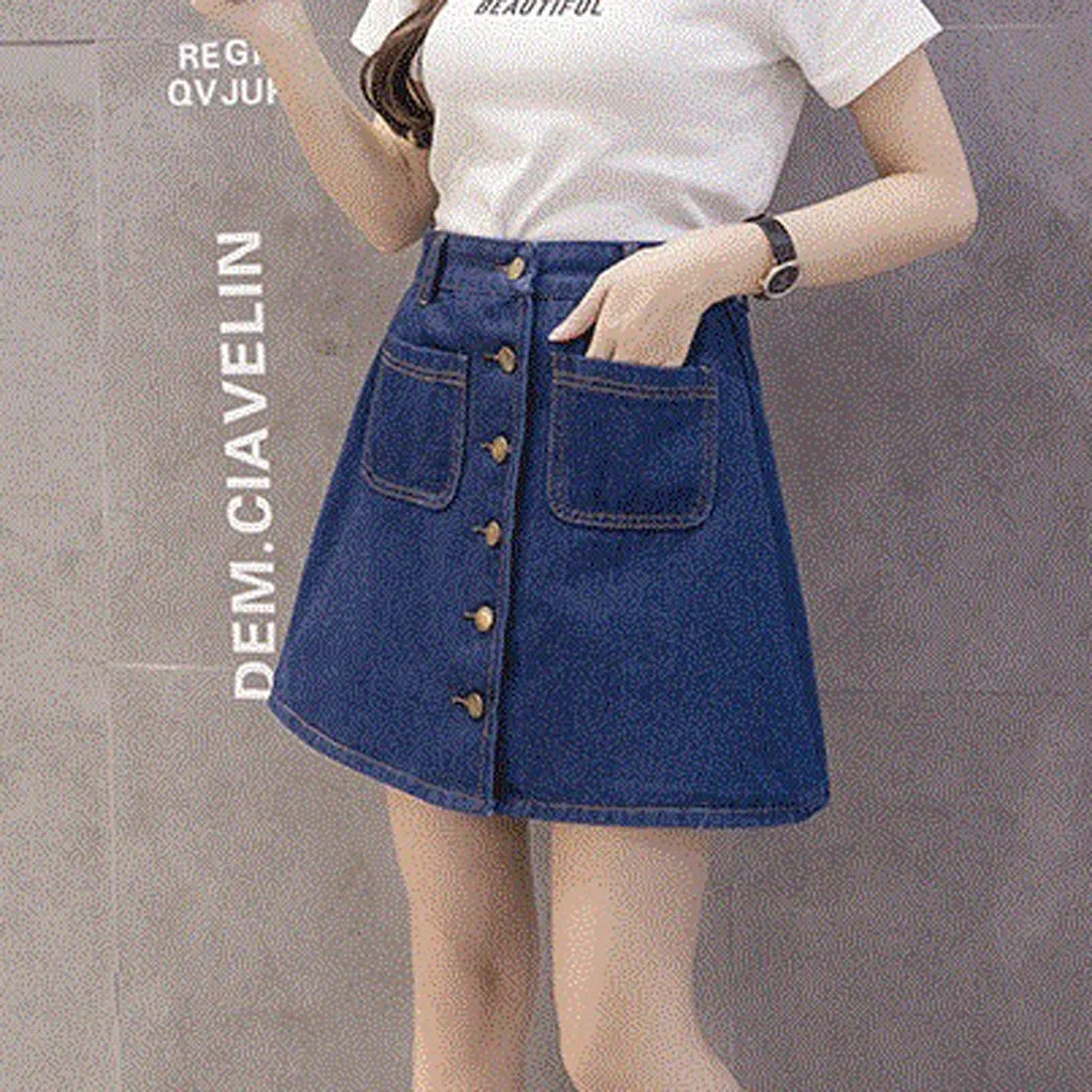 Fashion Women Leisure Denim A-Shaped Skirt Loose Button Pocket Short Skirt