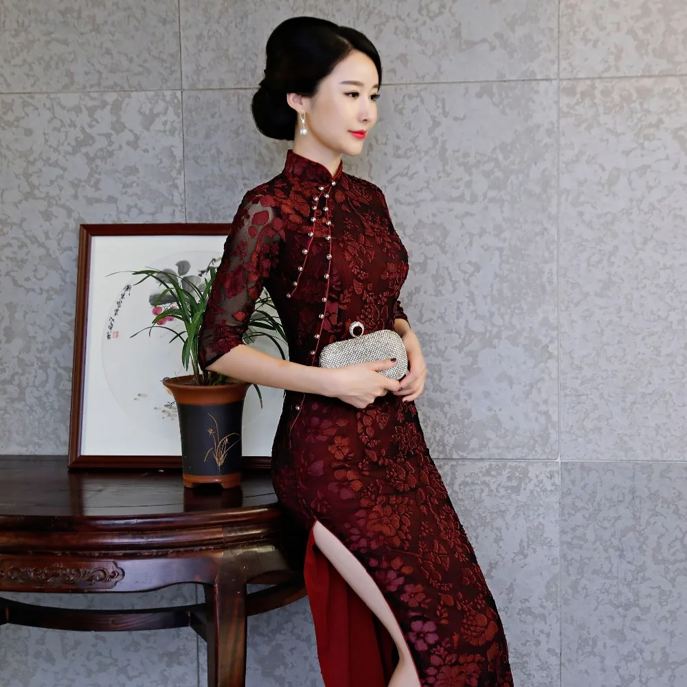 Черное кружевное китайское свадебное платье для женщин Cheongsam тонкое китайское традиционное платье женское длинное платье Ципао для свадебной вечеринки
