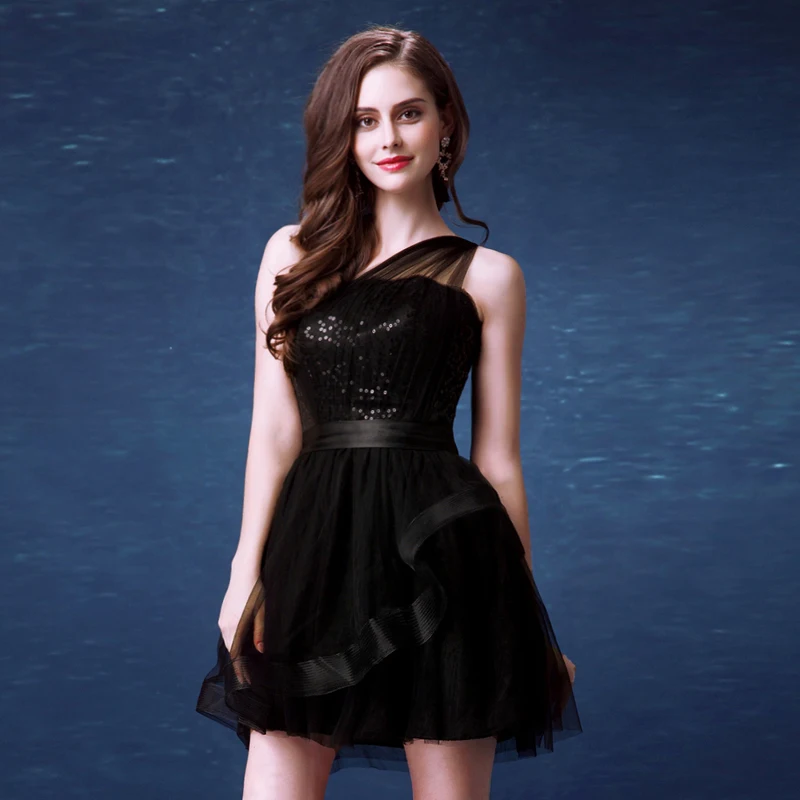 Мини черный Платье Для Коктейля Новое прибытие Одно Плечо Сексуальное короткое