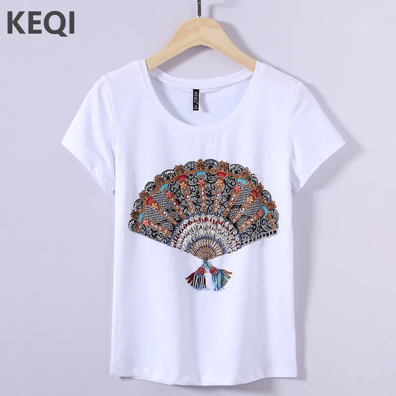 Женская футболка с коротким рукавом KEQI разноцветная Веер-футболка в этническом