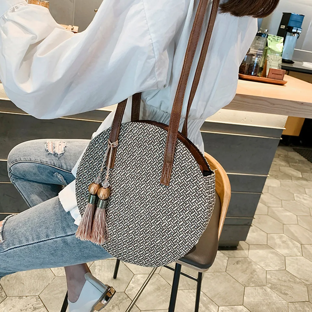 Круглая пляжная сумка из ротанга летняя винтажная соломенная ручной работы