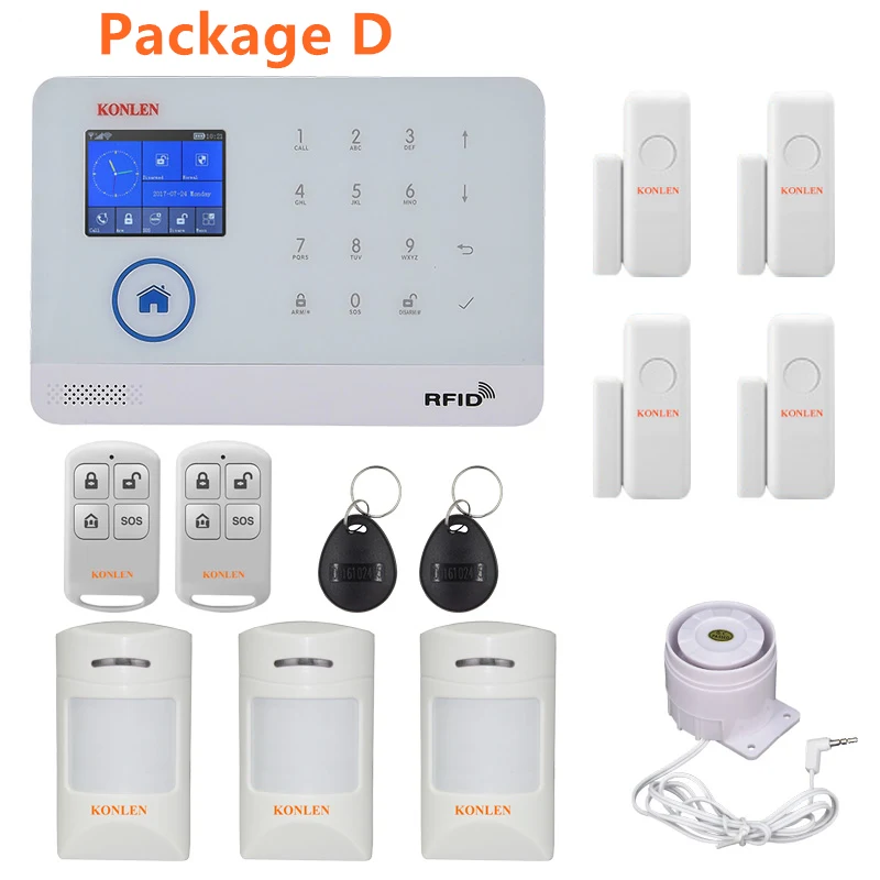 Package D KONLEN wifi GSM RFID охранная домашняя охранная сигнализация Беспроводная Android русская испанская Голосовая Солнечная Сирена датчик дыма двери - Цвет: Package D