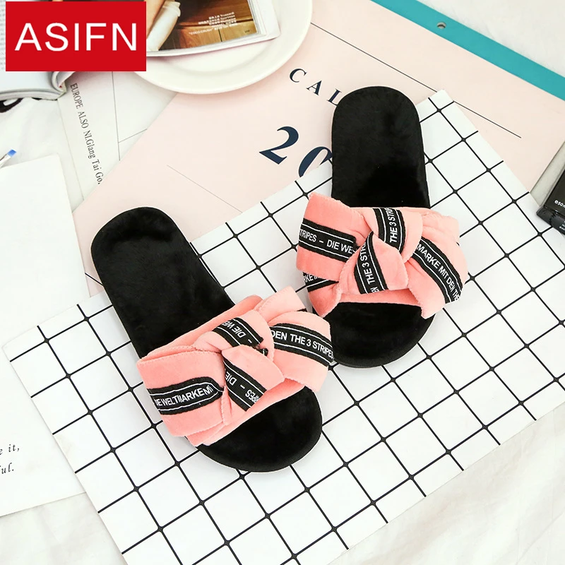 ASIFN/Женские меховые тапочки; милые домашние тапочки с мехом; zapatos mujer; женские Мягкие плюшевые домашние тапочки с бантом; сезон весна