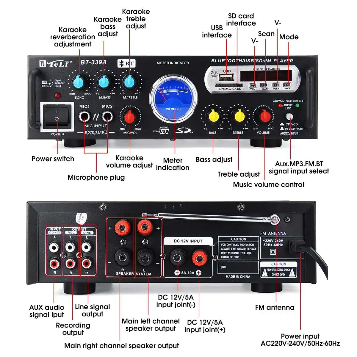 Усилитель bluetooth 2000 Вт стереозвук усилитель VU метр колонки сабвуфер автомобильная