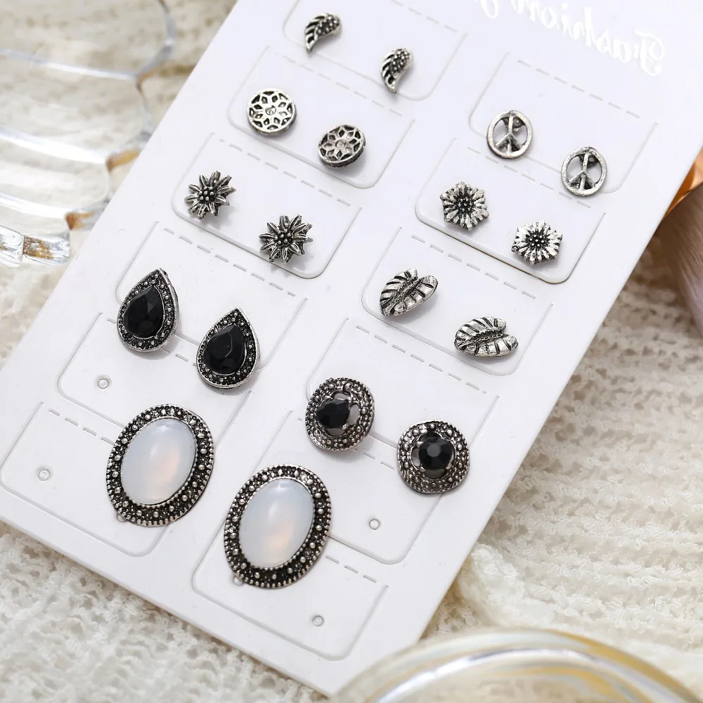 Kymyad 9pairs/set Stud Earrings for Women Fashion Jewelry Vintage Geometric Leaves Plane Flower Boucle D'oreille Femme | Украшения и