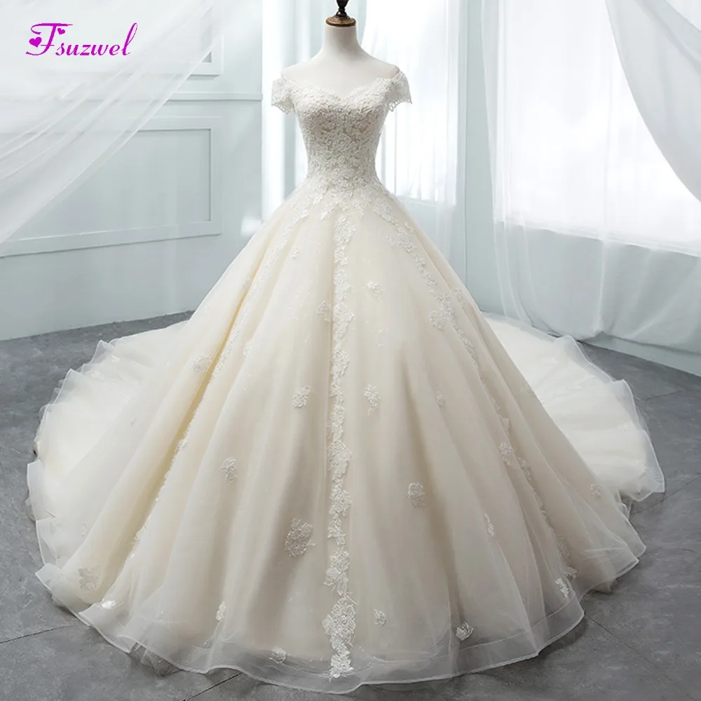 

Fsuzwel, Новое поступление, Аппликации, Королевский Шлейф, кружевные свадебные платья-трапеции 2022, роскошное платье невесты с вырезом лодочкой и бисером, Vestido de Noiva