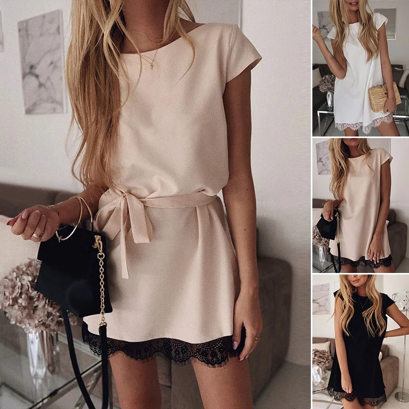 Женское платье с коротким рукавом и круглым вырезом кружевное мини летнее