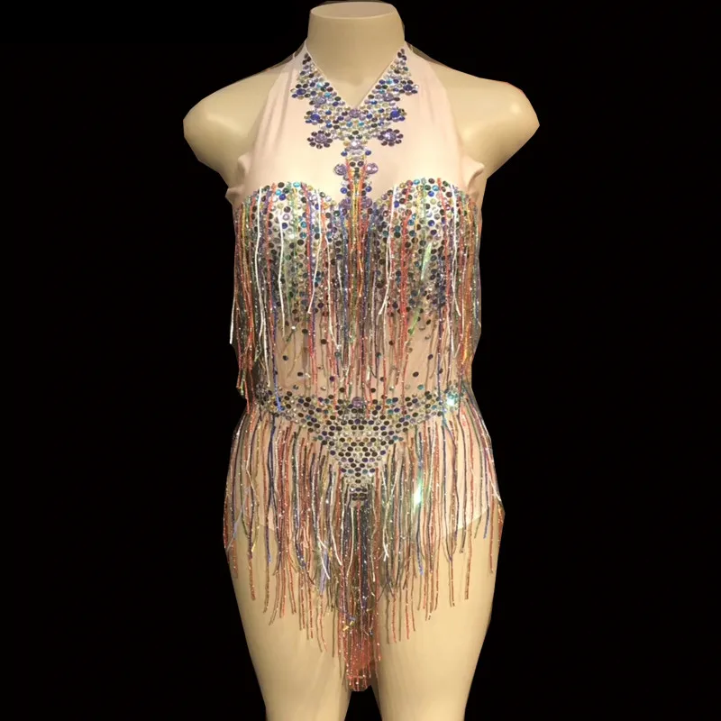 

Women New Sexy Stage Fringes Tassel Shiny Rhinestone Bodysuit Stage Dance Costume Nightclub Dance Female Singer Bright Leotard
