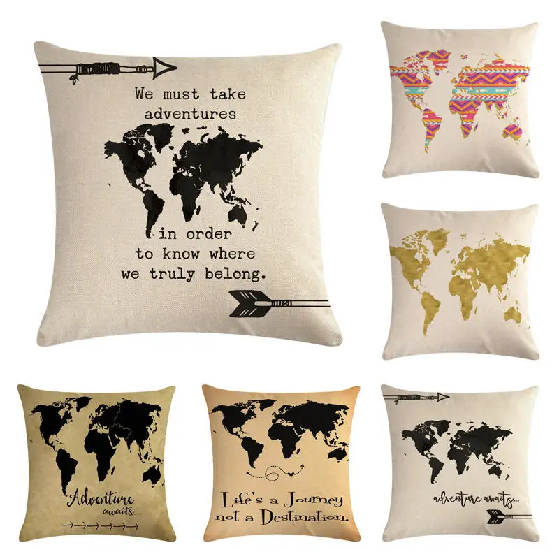 

Pillow Case 45x45cm Map Of The World Pillow Cases Linen Cotton Sofa Cushion Cover Home Decor