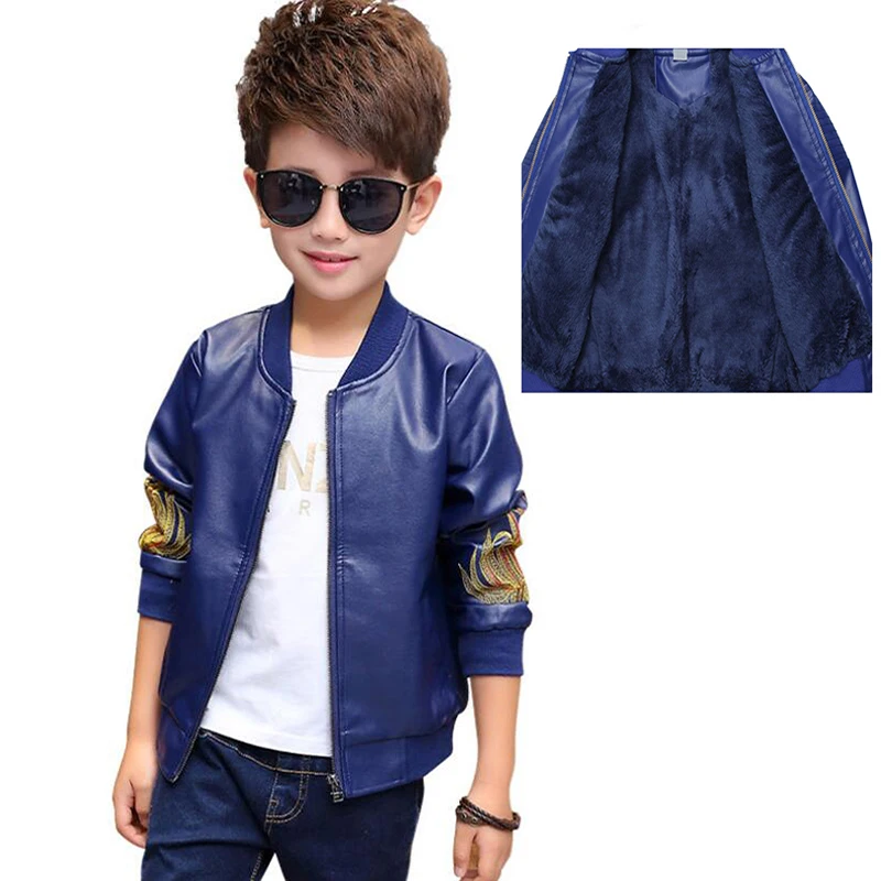 blue embro fur Детская одежда детские Куртки из искусственной кожи Искусственная кожа ветровка для мальчиков и пальто для девочек Детская Верхняя одежда куртка с вышивкой - Цвет: blue embro fur
