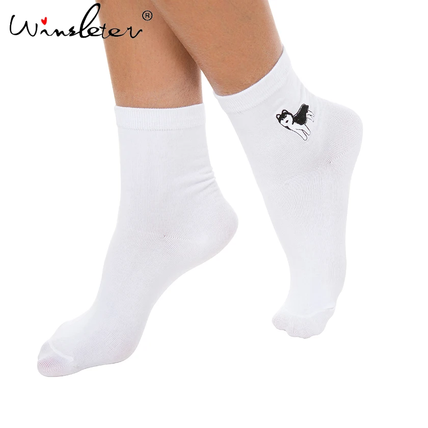 

3 пар/лот, женские носки, белые носки с милыми животными, Хаски, вышивка, хлопок, собака, Женские однотонные шелковые носки, забавные A73202