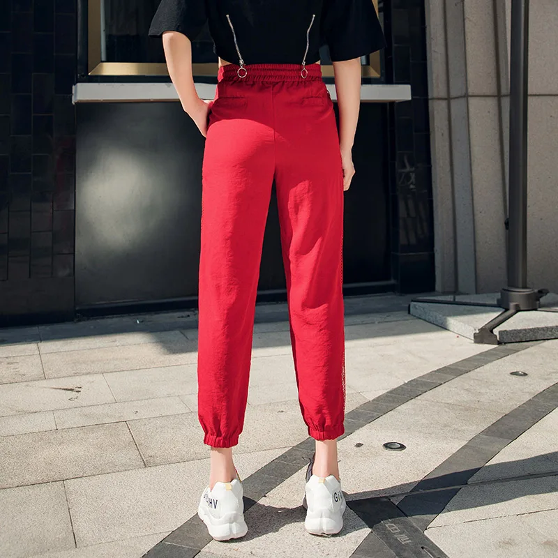 Высокая талия бегунов Для женщин брюки Повседневное Ice Шелковый эластичный пояс