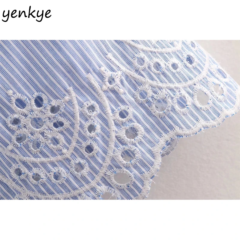 Cami светло-голубой в полоску летние топы Для женщин полые Embroidered Crop Top пикантные