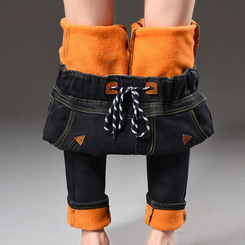 Зимние женские джинсы 200 фунтов большого размера с высокой талией толстые