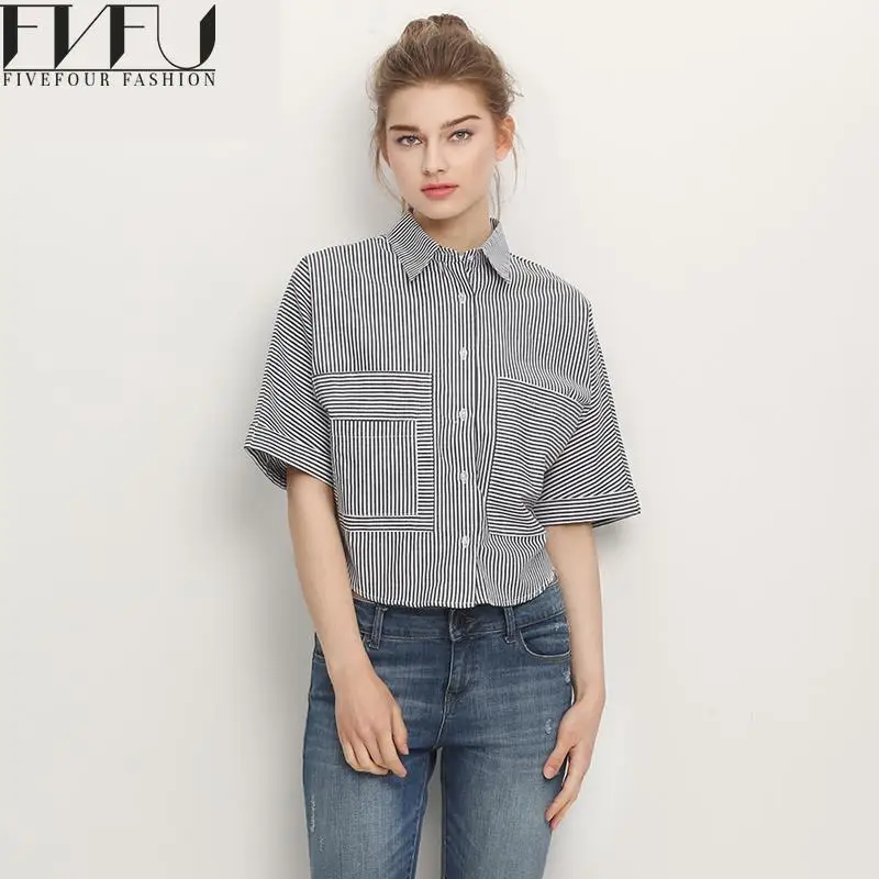 Мода 2018 блузка рубашка Для женщин Летний стиль черный и белый Рубашка в полоску