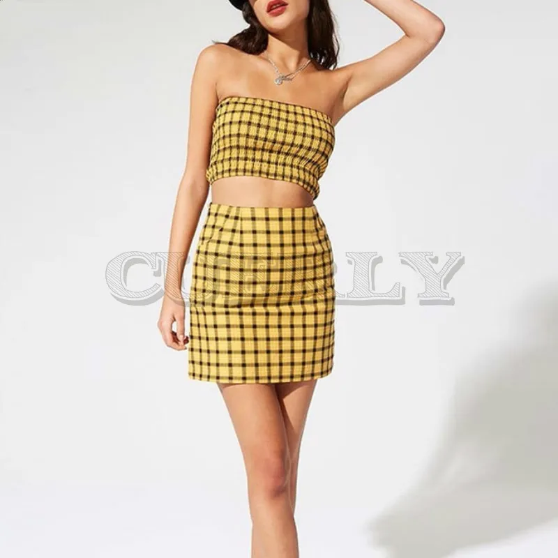 Милые сексуальные Желтые красные летние клетчатые комплекты из 2 предметов