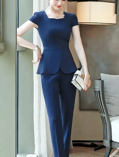 pantsuit Летний Одноцветный белый костюм с коротким рукавом и юбкой, комплект из двух предметов, модная униформа для похудения в отеле, ювелирный магазин, косметолога, Комбинезоны - Цвет: pantsuit