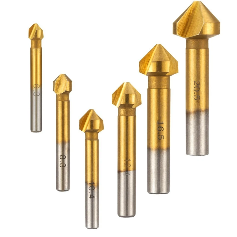 

BMBY-6 pcs HSS Countersink Drill Bit Set 90 Degree 3 Flute Titanium Chamfer Cutter Mill Drill Bits