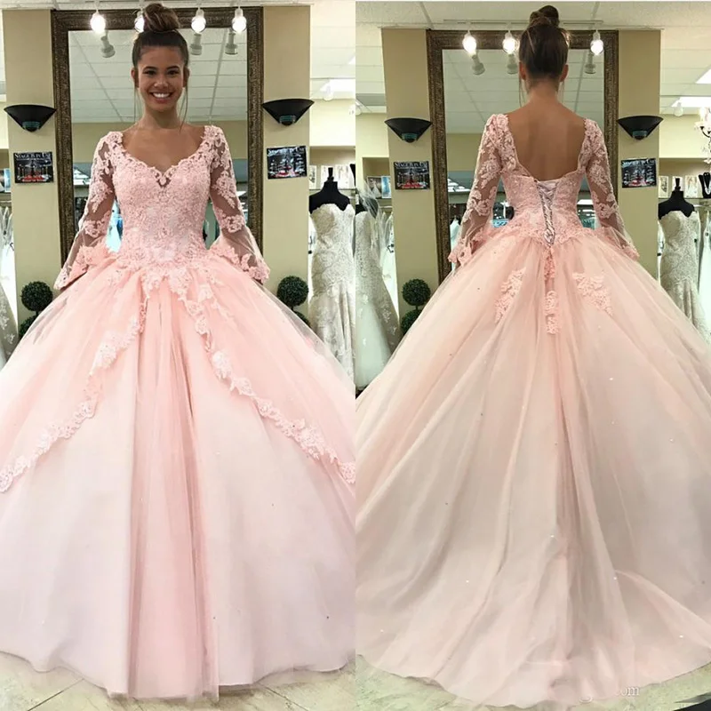 Светло-розовые платья Quinceanera одежда с длинным рукавом бальное платье принцессы Сладкие 16 день рождения милые девушки Пром вечерние особых случаев Go
