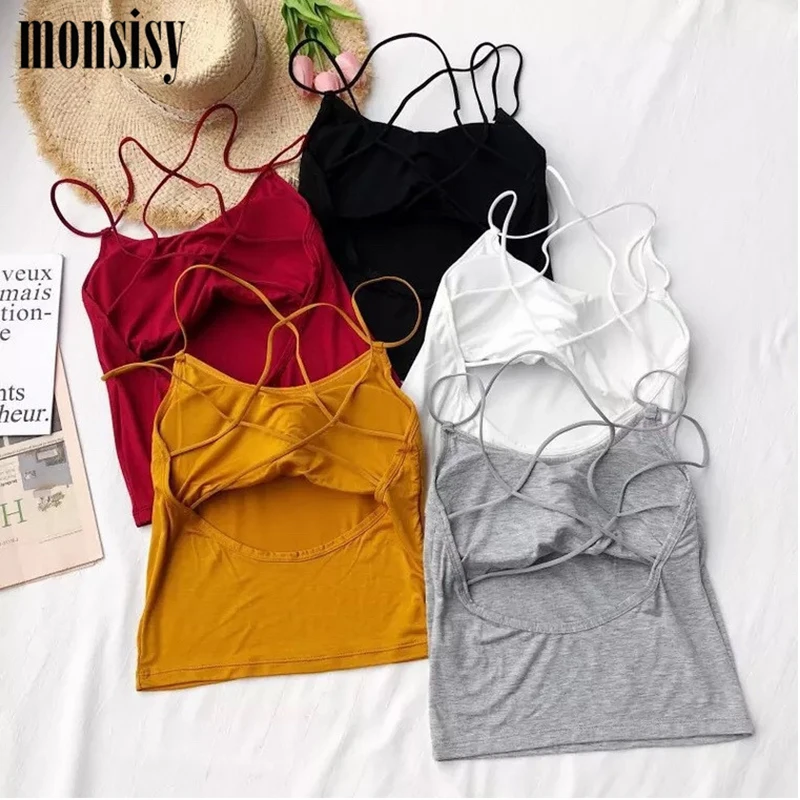 Женский короткий лифчик Monsisy однотонный бесшовный топ на бретельках с вырезом