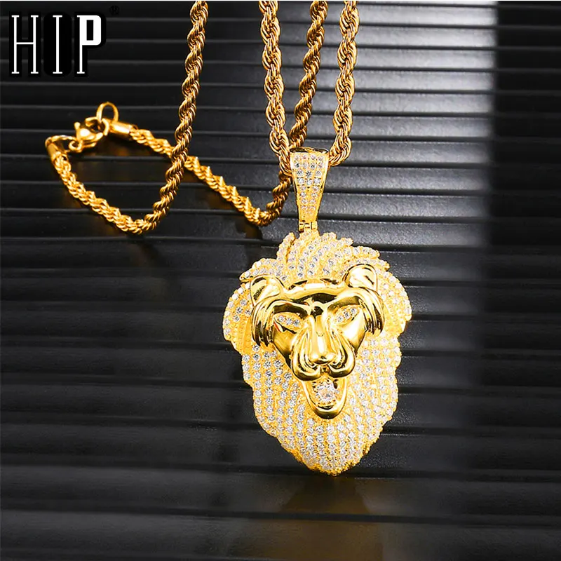 HIP Hop Copper Animal Bling Full Iced Out Lion Rope Chain Pendants &amp Necklaces for Men Jewelry Gold Color Dropshipping | Украшения и