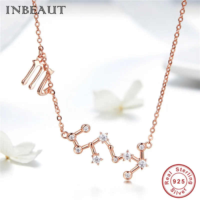 INBEAUT 925 пробы серебро розовое золото 12 созвездий весы Aries Циркон Стрелец с подвеской со знаком Рыб ожерелья для женщин - Окраска металла: snn025